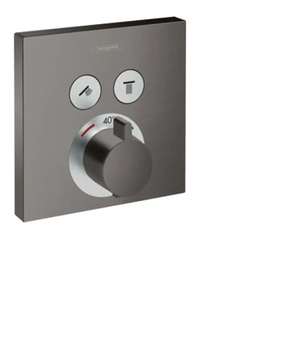 Thermostat von Hansgrohe mit zwei Bedienknöpfen und einem Drehregler für die Temperaturregelung, montiert auf einer rechteckigen, gebürsteten schwarzen Oberfläche.